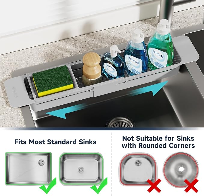 NiHome Extendable Sink Kitchen Organizer, Extra Long Telescopic Brush Storage Rack for Sponge, Non-Slip Pads Expandable Sink Caddy, Adjustable Sponge/Brush Rack with Drainage Durable ABS (Gray)
