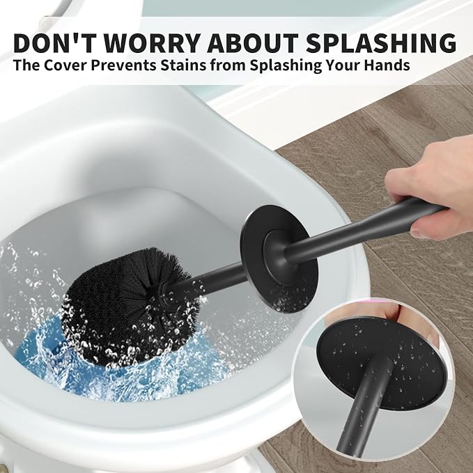 Toilet Brush, Toilet Bowl Brush with Extra Long Handle Durable Bristles Toilet Scrubber and Covered Holder for Toilet Brush Set for Bathroom Cleaning (Black, 1 Set)