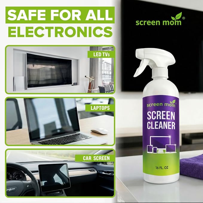 Screen Mom Screen Cleaner Spray 2 Pack-16oz for TV, Car, Laptop & Computer | Streak-Free Formula, Alcohol & Ammonia-Free, Safe for TVs, OLED Glass Tablets & Phones, Gentle Cleaning, No Residue Finish