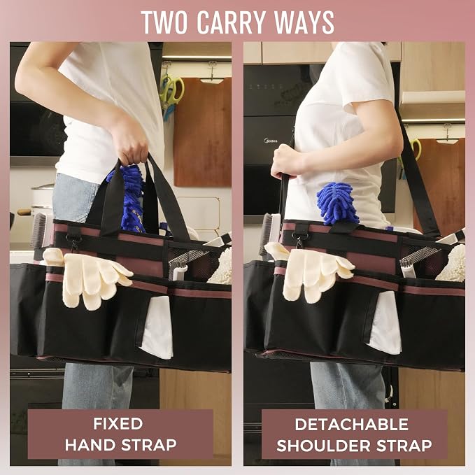 SCAVATA Wearable Cleaning Caddy, Cleaning Caddy Supplies Organizer with Handle & Shoulder Straps for Housekeepers, Under Sink & Car Cleaning Tool Organizers Bag with 4 Foldable Divider (LotusPink)