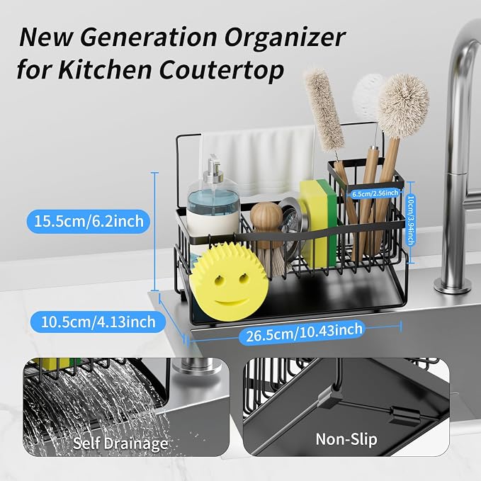 Sponge Holder for Kitchen Sink 304 Stainless Steel Self-Draining Sink Caddy with Smiley Face Sponge and Brush Holder Towel Bar and Divider Kitchen Gadgets Organizer for Countertop, Black