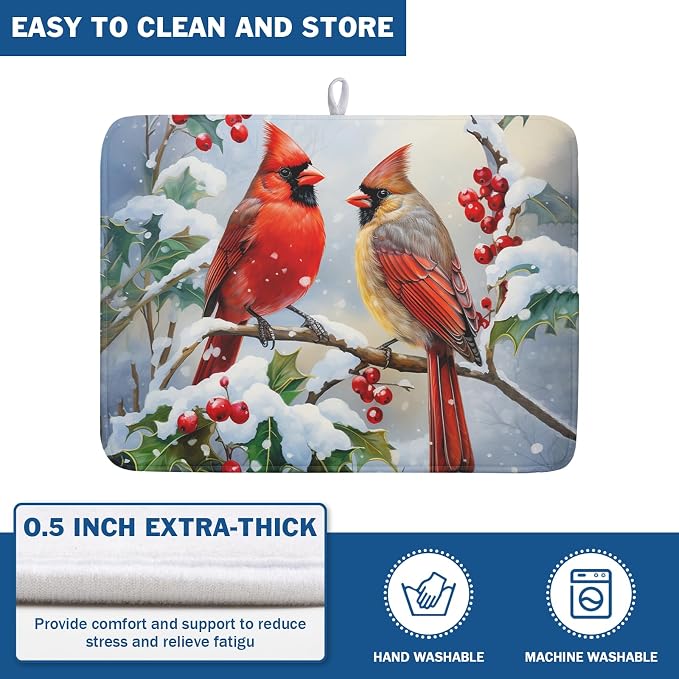 Winter Cardinal Birds Dish Drying Mat, Holly Berry Branches Dish Drying Mat for Kitchen Counter, Red Birds Absorbent Fast Dry Dish Drainer Mat Protector Xmas Microfiber Dish Drying Pad 18x24 Inch