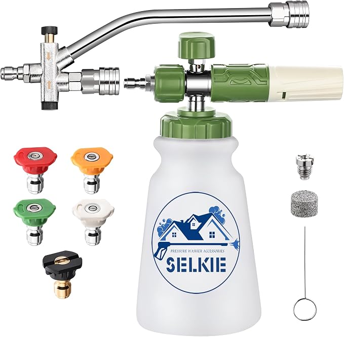 Selkie Foam Cannon with Double Tip Attachment,Adjustable Pressure Washer Foam Blaster with with Dual-Connector Accessory,5 Power Washer Sprayer Nozzles, 1/4" Quick Connect, 3600 PSI
