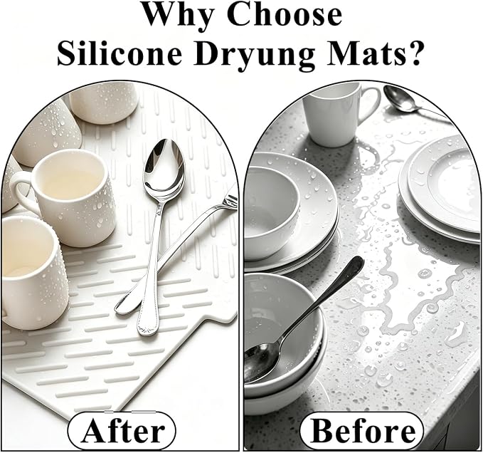 Silicone Dish Drying Mat for Kitchen Counter,23"X17" With Built-in Drain Lip,Food-Grade Silicone,Heat-Resistant Eco-friendly Hygienic Drying Mat Leak-Proof and Non-Slip,Multi-Functional Use（White）