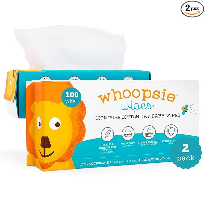 Whoopsie Wipes – The Original 100% Pure Cotton Dry Baby Wipes – Ultra Soft, Unscented, Chemical-Free Wipes for Sensitive Skin – Use Dry or Add Water for Wet Wipes – 2 Packs (200 Count).