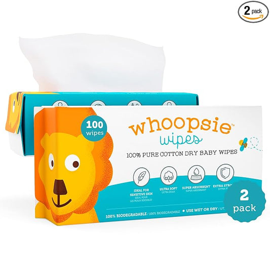 Whoopsie Wipes – The Original 100% Pure Cotton Dry Baby Wipes – Ultra Soft, Unscented, Chemical-Free Wipes for Sensitive Skin – Use Dry or Add Water for Wet Wipes – 2 Packs (200 Count).