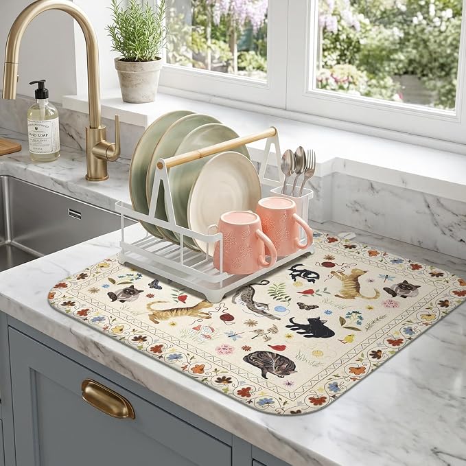 Boho Dish Drying Mat for Kitchen Counter,Flower Floral Animal Cat Farmhouse Absorbent Microfiber Reusable Washable Non-Slip Dish Drainer Draining Mats Dishes Pad for Kitchen Decor 18x16 Inch