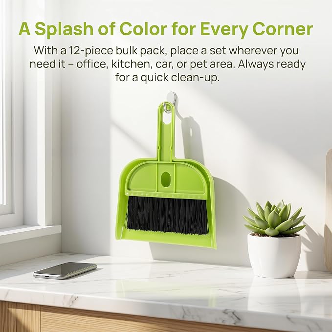 Healifty 12 Pack Mini Broom and Dustpan Set | Small Dustpan and Brush Set, Green Handheld Whisk Broom and Brush for Home, Office, School, Kitchen