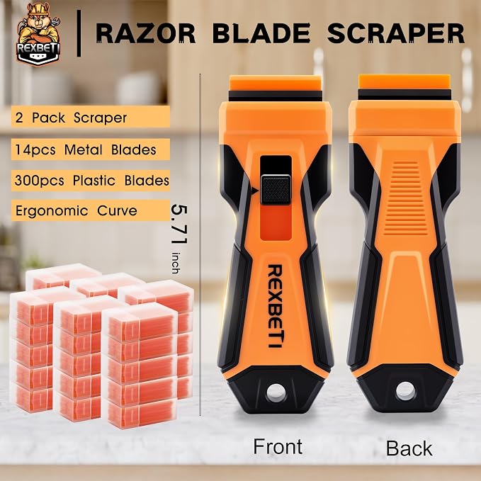 REXBETI Razor Blade Scraper Tool, 2 Pack Windows, Glass Stovetop Scraper | 14 metal & 300 plastic blades. Removing paint, grease, adhesive, stickers, label, decal. General cleaning tool. Blade Storage