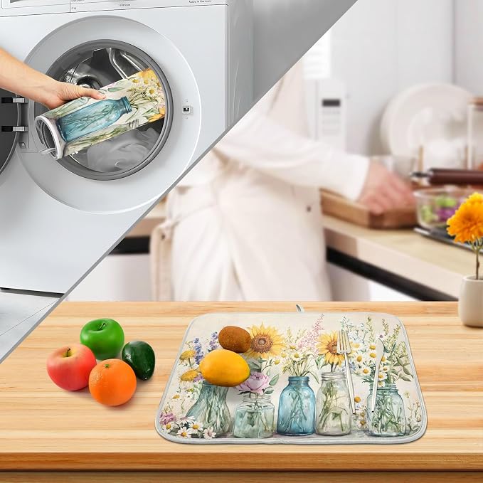 Spring Summer Floral Jars Flowers Dish Drying Mat for Kitchen Counter Absorbent Microfiber Large Drying Pad Dish Mats for Kitchen Countertops 18 x 24 Inch