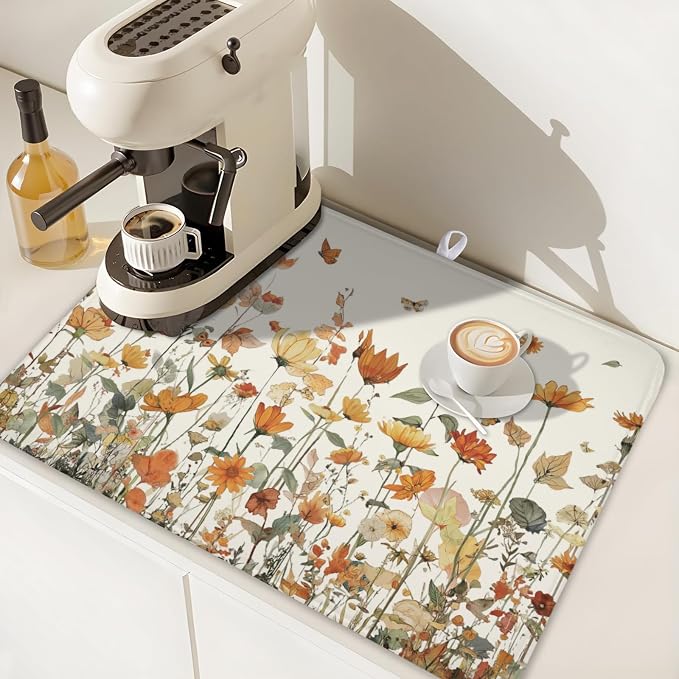 Fall Floral Dish Drying Mat for Kitchen Counter Orange Rustic Vintage Wildflower Pattern Microfiber Dish Drainer Mat Autumn Absorbent Washable Drying Pad Extra Large 18"x24"