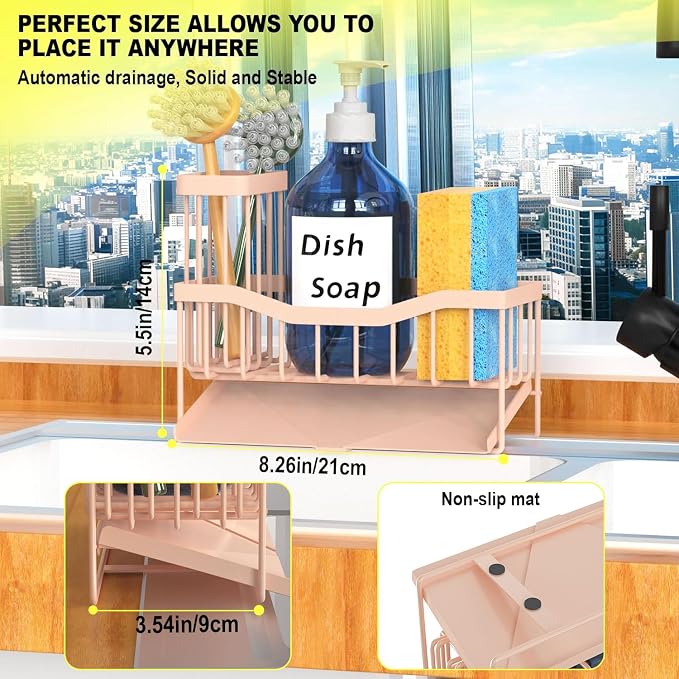 Fssvcd Maifan Sink Caddy Sponge Holder for Kitchen with Brush Holder and Stainless Steel Self Drain Tray, Rustproof Kitchen Sink Organizer for Sponge, Soap Dispenser Storage Accessories Pinky White