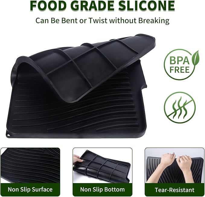 Silicone Dish Drying Mat 16x13,Food-Grade Silicone,Easy Clean Pad for Countertop Protection,Heat Resistant,Easy Clean,Non-Slip Drain Pad with Built-in Drain,Multi-Functional Use,Black