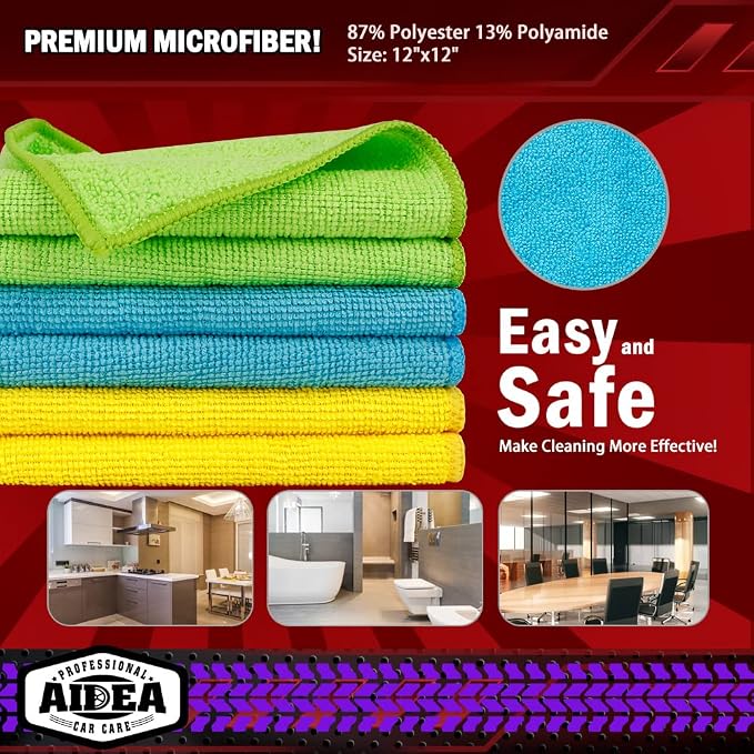 AIDEA Microfiber Cleaning Cloth, 600PK, Microfiber Towels for Cars, Shop Towels Cleaning Rags, Premium Wash Cloths, Absorbent Towel for SUVs, House, Kitchen, Commercial, Cleaning Supplies 12×12"