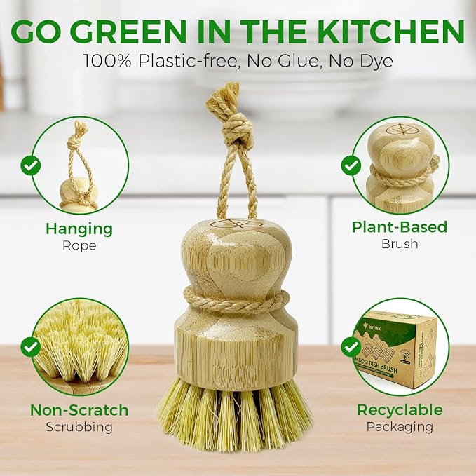 AIRNEX Bamboo Dish Brush Set of 3 - Natural Wooden Dish Scrubber w/Medium Stiff Sisal & Coconut Bristles - Kitchen Scrub Brush for Dishes, Pots & Pans - Plastic Free, Non Scratch Bristles