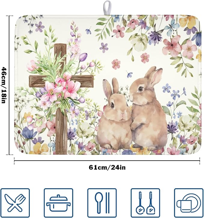 Easter Bunny Dish Drying Mat 18 x 24 Inch Rabbit Dish Drainer Rack Mat Colorful Floral Mat Absorbent Microfiber for Holiday Kitchen Coffee Dining Bar Decor