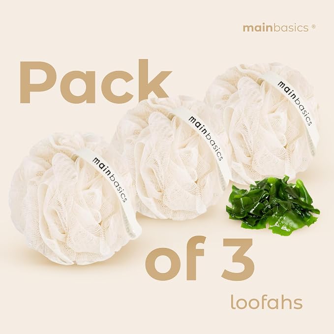 MainBasics Shower Loofah Sponge Pouf, Set of 3, Seaweed Infused | Soft Mesh Body Scrubber and Bath Sponge for Gentle Exfoliation, Rich Lather, and Everyday Shower Use