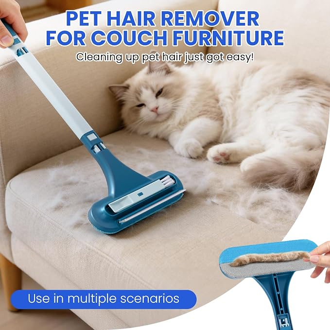 3-in-1 Screen Brush, Squeegee, Pet Hair & Crevice Tool, Cyan Blue | Wipes glass streak-free. Lifts hair from sofas & rugs, rinse & reuse, no refills. Detach for window tracks. Lightweight.