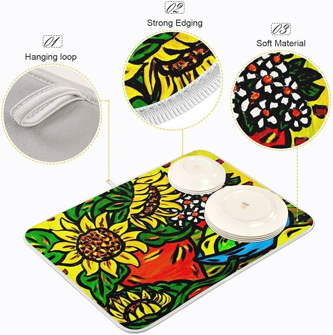 Absorbent Dish Drying Mat for Kitchen Counter - Sunflower Yellow Cute Microfiber Drying Pad, Reversible Drainer Mats for Countertop, Large 18" x 24"
