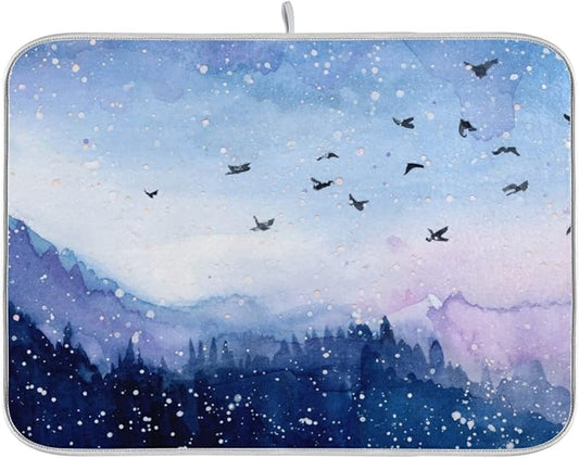 Absorbent Dish Drying Mat for Kitchen Counter - Watercolor Landscape Microfiber Drying Pad, Reversible Drainer Mats for Countertop, Small 16 x 18 inch