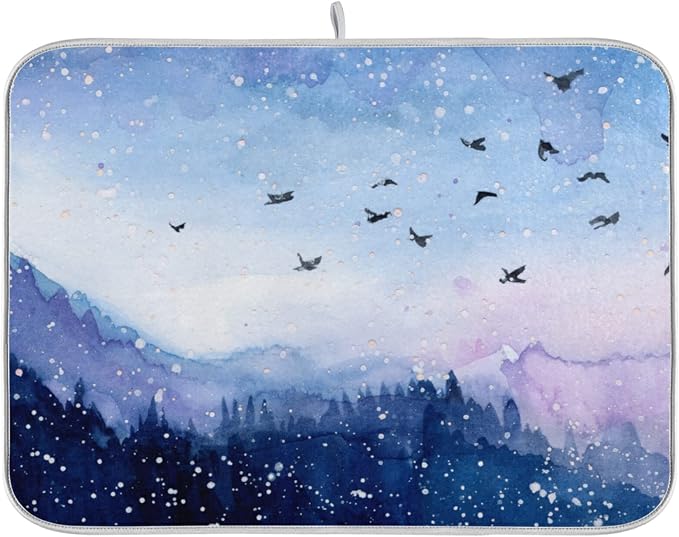 Absorbent Dish Drying Mat for Kitchen Counter - Watercolor Landscape Microfiber Drying Pad, Reversible Drainer Mats for Countertop, Lager 18 x 24 inch