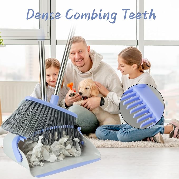 Broom and Dustpan Combo Set, Long Handle and Standing Dust Pan with Comb Teeth, Efficient Floor Cleaning for Kitchen, Outdoor, Dorm, Apartment, Office Lobby (Gray Blue)