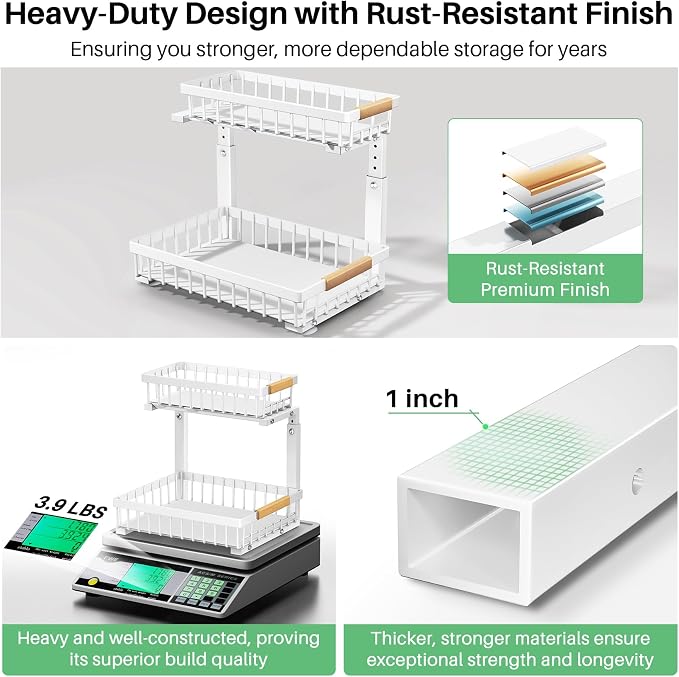 Kitstorack Under Sink Organizer, 2 Tier Under the Sink Storage, Slide out Pull out Cabinet Organizer Shelf, Metal Sliding Drawer for Kitchen Bathroom Pantry Closet Organization Rack, White, 2 Pack