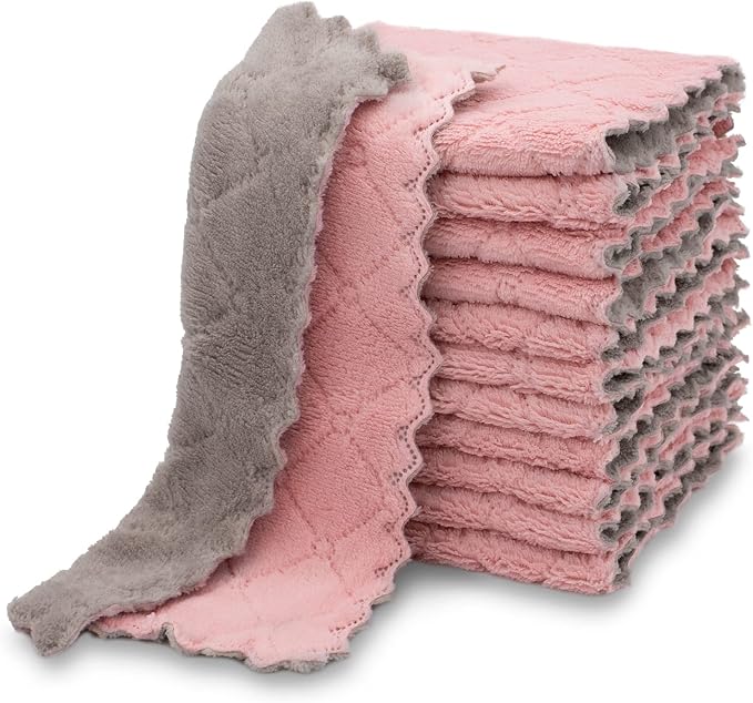 kimteny 12 Pack Dish Cloths for Washing Dishes, Super Absorbent Microfiber Kitchen Dish Rags, Fast Drying Coral Velvet Dish Cloths for Kitchen Counter and Dishes (Pink-Grey)