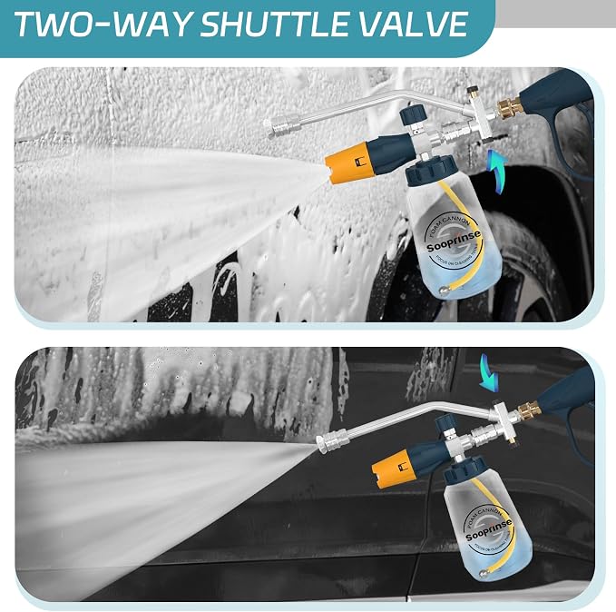 Sooprinse Pressure Washer Foam Cannon with Short Pressure Washer Gun, Dual Connector Accessory, Snow Soap Attachment for Car Wash, 5 Nozzles Tips with 1/4” Quick Connect， 4000 PSI