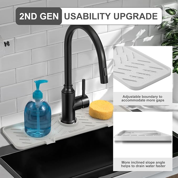 Silicone Faucet Mat for Kitchen Sink – Gen 2 Splash Guard with Upgraded Outlet & Slope – 18” x 5.1” Water Catcher & Sink Sponge Holder for Kitchen and Bathroom (Beige)
