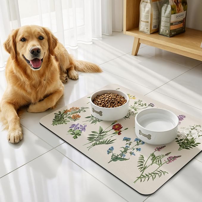 LOKHOM Dish Drying Mat for Kitchen Counter, 16"x24" Absorbent Coffee Bar Mat with Vintage Sage Flower Herbs, Dish Drainer Rack Mat for Kitchen Counter