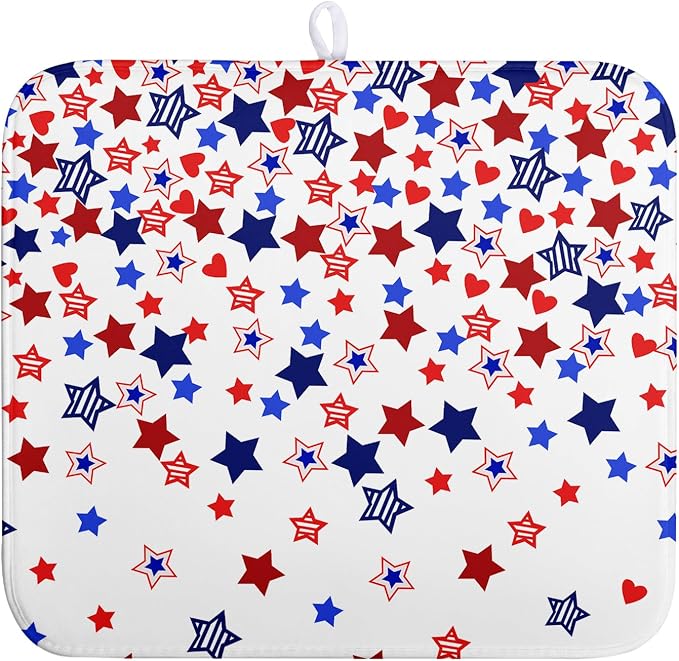 4th of July Dish Drying Mat for Kitchen Counter Patriotic Stars Dishes Drainer Mats Independence Memorial Day Microfiber Absorbent Dish Draining Pad 16"x18"