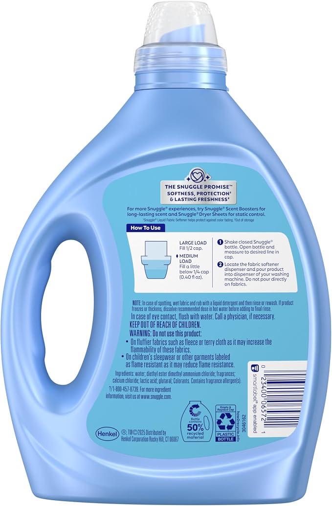 Snuggle Fabric Softener Liquid, Blue Sparkle, 80oz, 200 Medium Loads | Ultra Concentrated Formula, Long-Lasting Freshness, Softens Fabrics, Reduces Static and Wrinkles, Helps Protect Color
