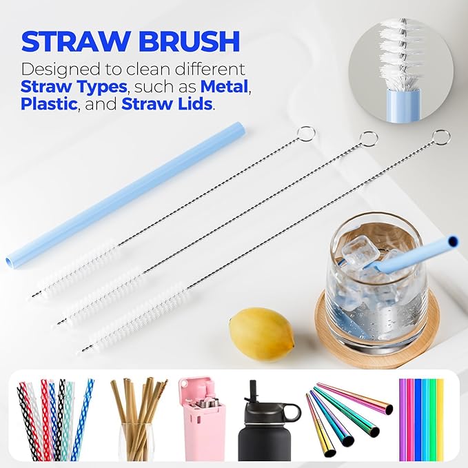 Holikme 6 Pack Bottle Brush Set, 14" Long Handle Stainless Steel Bottle Cleaner Brush, 3 Straw Brushes, 4-in-1 Bottle Cleaning Brush for Water Bottle, Baby Bottle, Blue&White