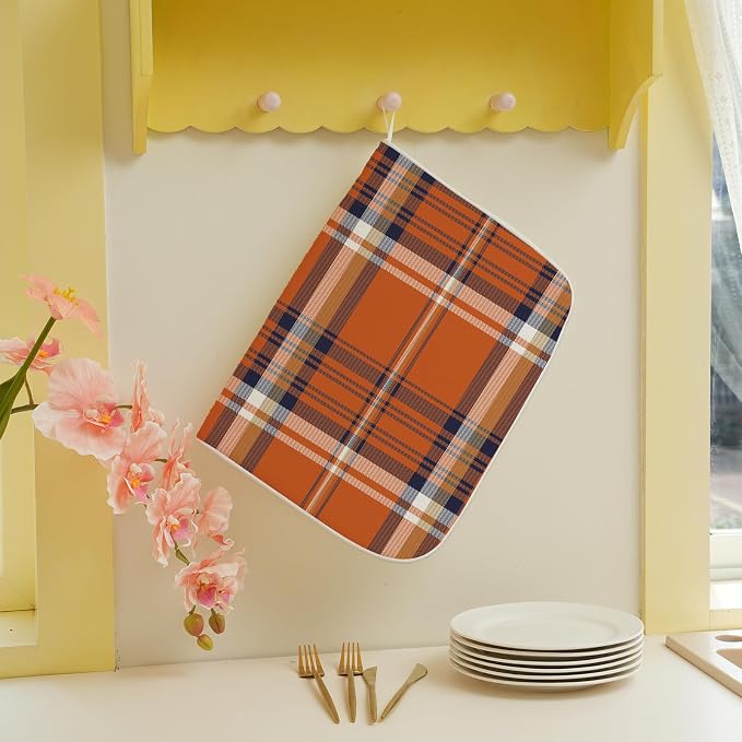 Fall Plaid Dish Drying Mat 18x24 Inch Autumn Orange Blue Buffalo Plaid Drying Mat for Kitchen Counter Absorbent Farmhouse Harvest Thanksgiving Dishes Dry Pad for Drainer Rack Kitchen Fast Dry