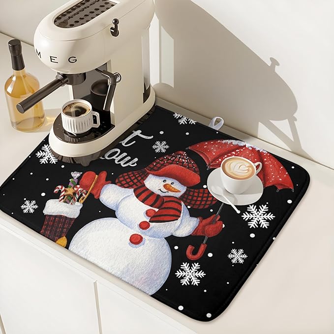Black Snowman Dish Drying Mats for Kitchen Counter, Winter Snowflake Dish Mat Absorbent Reversible Microfiber Dish Drying Pad Christmas Kitchen Drying Mat Dish Drainer Rack Mats for Bar 18”x24”
