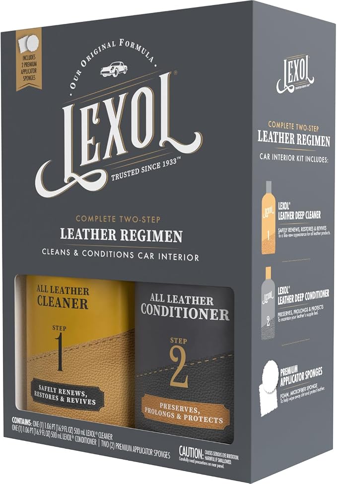 Leather Cleaner & Conditioner Kit by Lexol for Furniture, Car Interior, Shoes, Handbags, Includes 2 Application Sponges, Two-Step System, 16 Oz Each