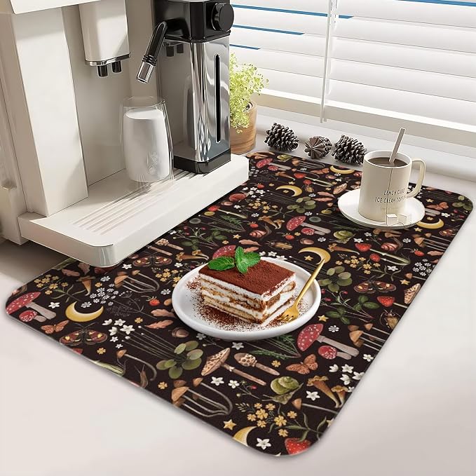 Dish Drying Mat 2-Pack with Mushroom for Kitchen Counter Absorbent Dishes | Diatom Mud Mats (18x24, 19.5x12"). Non-slip rubber back for kitchen counter, coffee bar & sink scenes