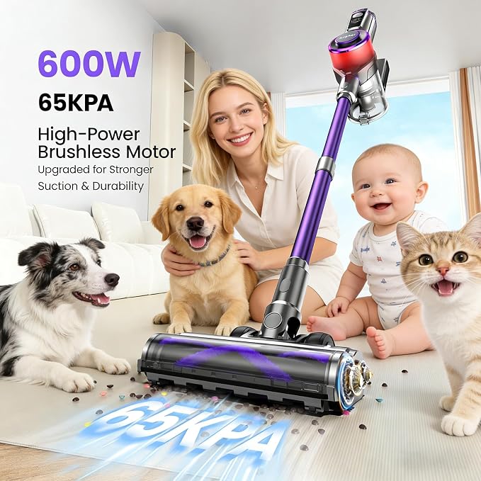 Cordless Vacuum Cleaner, 600W 45KPA Dual Motor Vacuum for Home with AI Auto Suction,70Min Runtime,Stick Vacuums with Self-Standing Design,LED Headlights,for Carpet,Hardwood Floors,Pet Hair,Tile