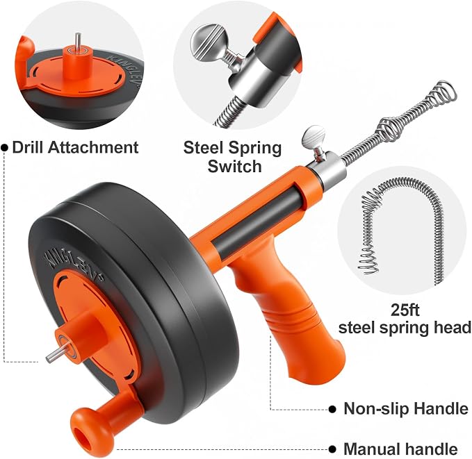 Drain Snake, 25ft Flexible Steel Drain Auger With Drill Adapter, Plumbing Unblocking Hand Auger, Manual Or Powered for Shower & Bathtub Clogs-No auto retract or feed