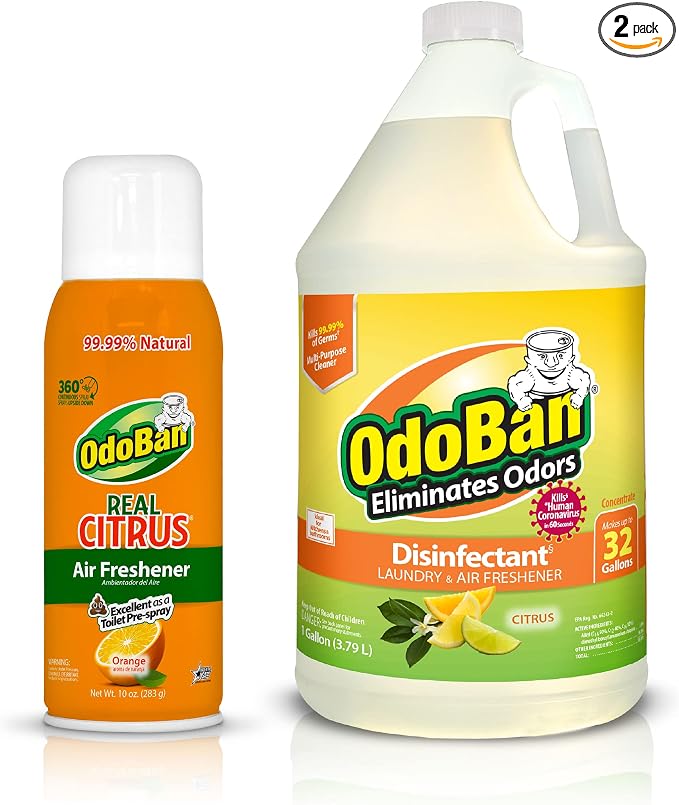OdoBan Aroma Eliminator Set, Made in the USA, 10 Ounce 360-Degree Continuous Spray Natural Oil Real Citrus Air Freshener and 1 Gallon Multipurpose Disinfectant Cleaning Concentrate, Orange Scent