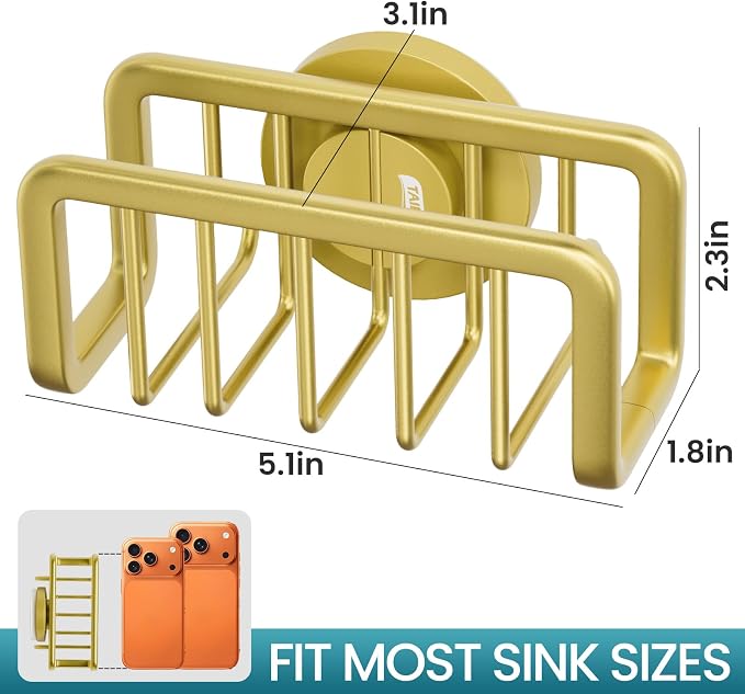 TAILI Sink Caddy with Strong Suction Cup, Sponge Holder for Kitchen Sink Oganizer, Removable Rustproof Aluminum Sponge Holder, Dish Brush for Scraper - Gold