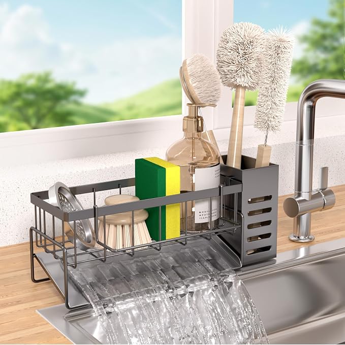 Kitchen Caddy Sink Organizer,Sponge Holder for Kitchen Sink,Dish Soap Dispenser,Kitchen Sink Accessories Countertop Organizer,Stainless Steel Sink Sponge Caddy Over the Sink Shelf