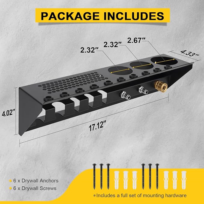 Pressure Washer Gun & Foam Cannon Holder with 1/4" Quick Connector | Wall Mount Organizer For Pressure Washer Tools, 10 Nozzle Slots, Secure Foam Cannon Storage, Rust-Resistant Metal Design