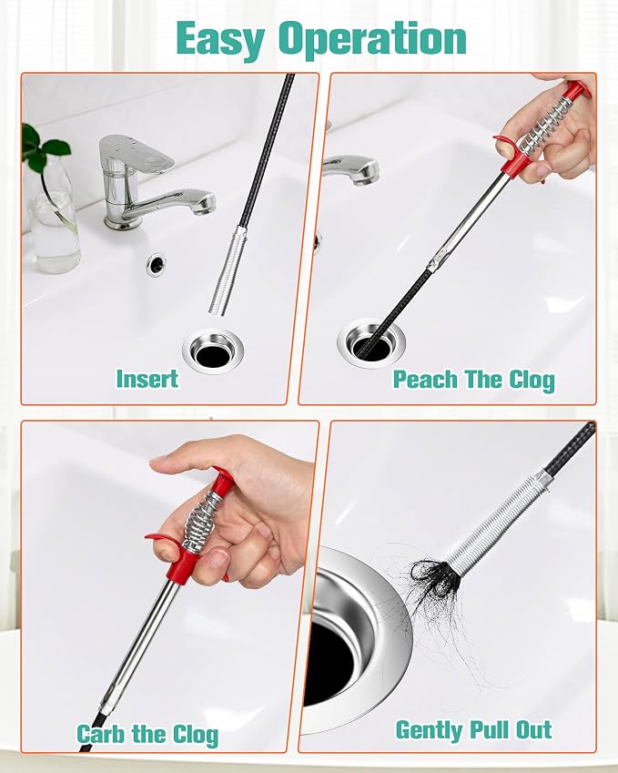Oanie 7 Pack 25inch Drain Clog Remover Tool, Cleaner Hair Clog Remover(6pcs), Cleaner Sticks to Drain Hair Clog for Remover(1pcs), Sink Snake for Shower Kitchen Sink Bath Tub Bathroom(6+1)