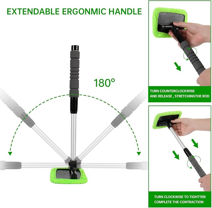 XINDELL Interior Windshield Cleaner Tool – Car Window Cleaning Tool Extendable Handle for Easy Cleaning, 9pcs Reusable Microfiber Pads, Streak-Free Interior & Exterior Auto Glass Cleaner