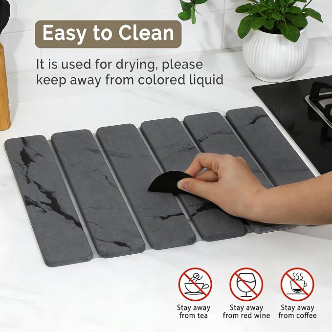 Large Stone Dish Drying Mat for Kitchen Counter, 2PCS Quick Dry Stone Dishes Mat,Foldable Water Absorbing Diatomaceous Drying Organizer Pad for Plate Rack Bottles Utensils(Dark Gray 16"x12" & 8“x4")