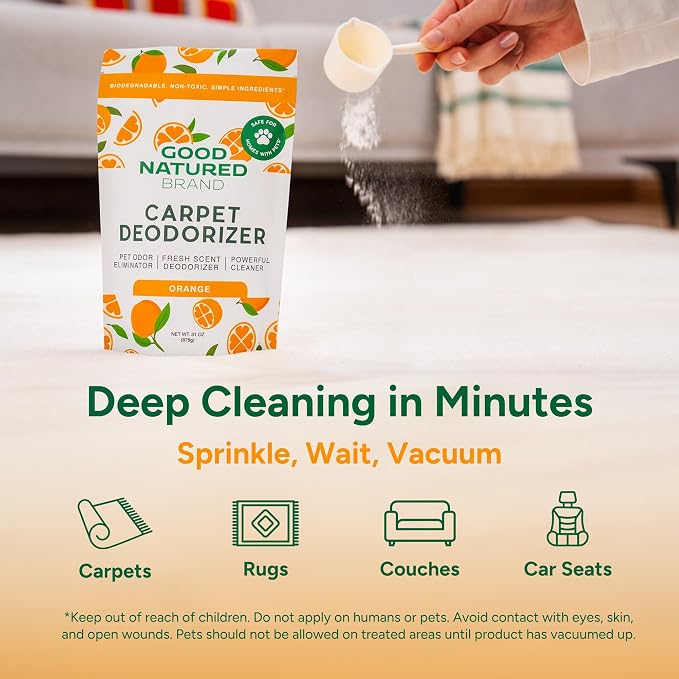 Good Natured Brand | Carpet Deodorizer & Freshener Powder | 31 oz Pet Odor Eliminator for Strong Odor & Pet Urine | Fresh Natural Sweet Orange Scent | Safe for Homes with Pets