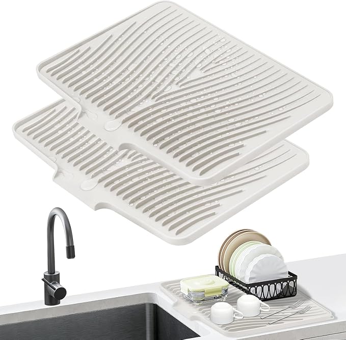 Silicone Dish Drying Mat for Kitchen counter, 15.8"x13" 2Pcs Extra Large Non-Slip Drain Pad with Built-in Drainage, Heat Resistant Dishwasher Safe, Cream