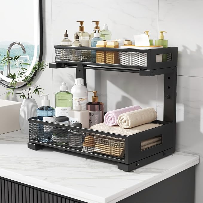 1 Pack-11.4"-16.14"H Under Sink Storage Organizer, Large 2-Tier Elegant Mesh Pull Out Shelf for Kitchen and Bathroom Cabinet Organization, L-Shaped and Adjustable Height Design for Maximum Space-Black